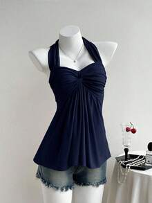 Comfortcana 女式海军蓝扭纹后背挂脖背心 - 藏蓝色 - 查看 3