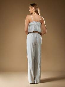 MISSGUIDED Cotton Stripe Patterned Tie Front Cami Top With High Waist Wide Leg Pants 2 Pcs Outfit Summer Beach Resort Wear Casual Loose Fit Palazzo Lounge Set - Navy Blue - View 2