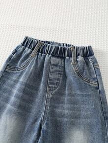 SHEIN Bộ 2 món/Bộ quần áo nỉ lót giữ nhiệt và quần jean cho bé trai, áo chui đầu cổ tròn kẻ sọc dáng rộng và quần denim, thời trang thường ngày thoải mái, cơ bản, thích hợp mặc trong nhà, ngoài trời, hàng ngày, thể thao, vui chơi, tiệc tùng lễ hội, trở lại trường, Halloween, Giáng sinh, dạo phố, bộ đồ thể thao, bộ đồ hai mảnh thu/đông cho bé trai bộ đồ kẻ sọc cho bé trai bộ đồ thường ngày cho bé trai bộ đồ jean thu - trắng - Xem 3