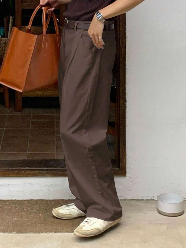 Classic Men's Brown Straight Leg Jeans In Denim Material Plain Long Style Long With Zipper