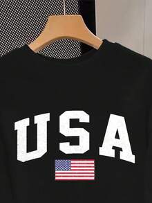 SHEIN 男童休闲简约美国印花宽松加厚圆领长袖卫衣，适合秋冬季节穿着。 - 黑色 - 查看 3