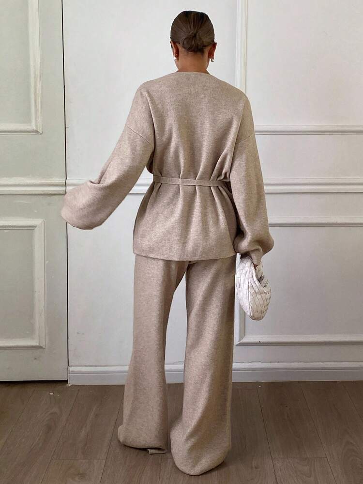 Women's Casual Solid Color V-Neck Belted Long Pants & Sweater 2 Pieces Set, Autumn