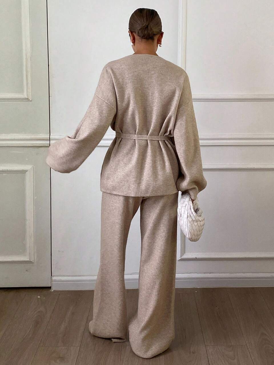 Women's Casual Solid Color V-Neck Belted Long Pants & Sweater 2 Pieces Set, Autumn