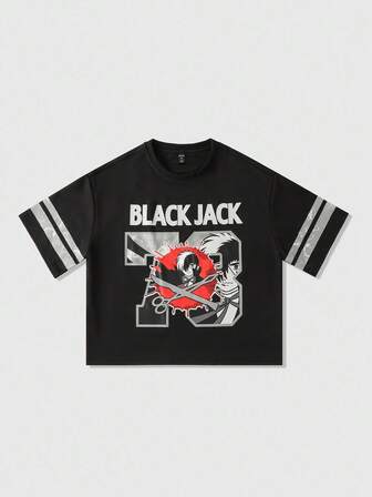 Black Jack X ROMWE Herren lässiges, locker geschnittenes T-Shirt mit Cartoon-Figur- und Buchstaben-Grafik, Drop-shoulder, Sommermoden