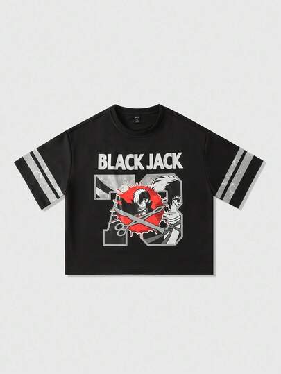 Black Jack X ROMWE Herren lässiges, locker geschnittenes T-Shirt mit Cartoon-Figur- und Buchstaben-Grafik, Drop-shoulder, Sommermoden