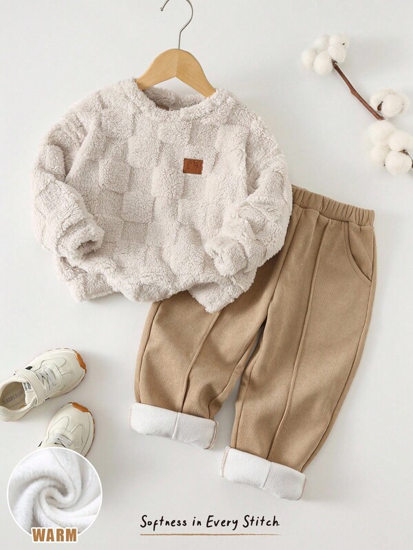 Cozy Pixies 2pcs/Set Boys Casual Retro Style Thick Fleece Crew Neck Long Sleeve Sweatshirt And Elastic Waist Pants, 2 Pieces Outfit Toddler Boy Winter Outfit Boy Outfit Set Boy Clothes Set Winter Boys Beige Outfits Boys Autumn Winter Casual Two Piece Set Kids Autumn Clothing Boys Two Piece Set Fall Boys Winter Set Kids Long Sleeve Sets