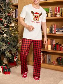 Manfinity CoupledUp Conjunto de pijama de manga corta con estampado de renos de dibujos animados de Navidad para hombres, conjunto de pijamas a juego para parejas, pijamas de Navidad, conjunto de pijamas para hombre, conjunto de ropa de dormir, pijamas de Navidad