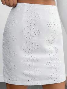 EURMUSE Women Solid Color Eyelet Embroidery And Zipper Detailed Skirts - White - View 6