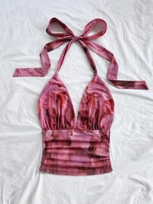 Soleia 女士随机印花优雅系带夏季性感上衣，露背吊带衫，适合海滩、毕业早午餐、圣帕特里克节、春假、复活节、音乐节等场合，尽显优雅波西米亚热带风情 - 粉色 - 查看 5