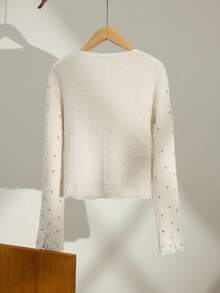 Maija Cardigan élégant à manches longues avec boutons frontaux et décoration de strass pour femmes - Blanc - Voir 3