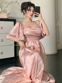 DAZY 夏季婚礼和派对礼服，方领设计，褶皱，高端缎面花卉提花中长连衣裙，适合女士 - 粉色 - 查看 9