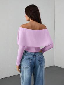EURMUSE Casual Off Shoulder Bardot Ruffle Neckline Long Sleeve Sweater - Baby Pink - View 2