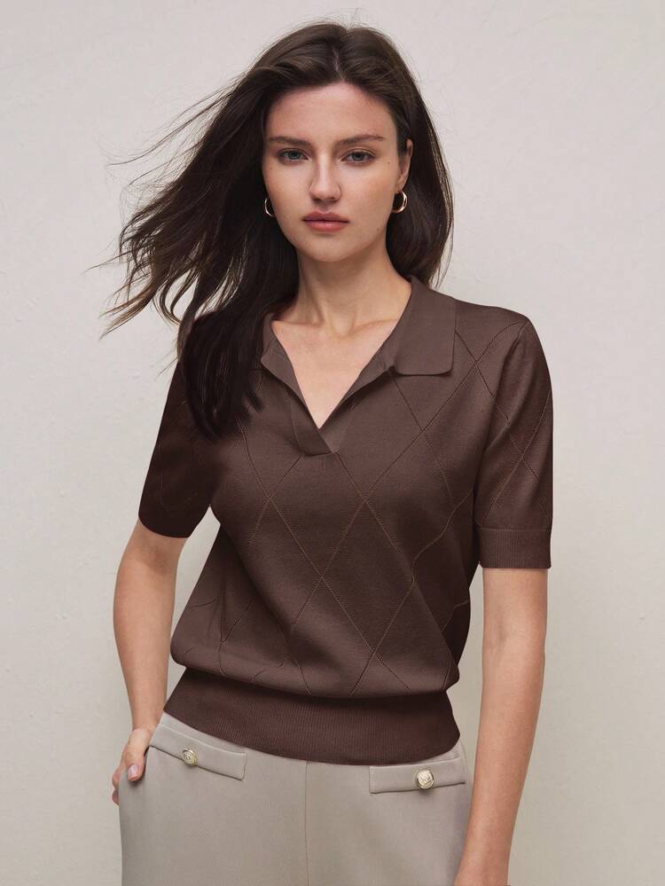 SHEIN BIZwear Maglione in maglia di diamanti con colletto alla polo color cammello, elegante e alla moda per l'ufficio e il tempo libero, stile romantico versatile adatto per occasioni formali, feste, matrimoni, concerti, brunch, aeroporto, Festa Nazionale, Capodanno, Natale, Ognissanti - Caffè Marrone - Visualizzare 5