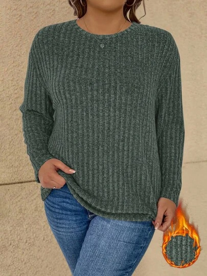 SHEIN Plus Size Solid Color Warm Long Sleeve T-Shirt, Casual For Autumn/Winter Light Sweater Green Sweater Fall Sweater Pullover For Women Women Sweater