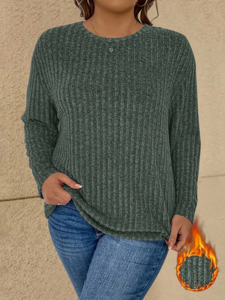 Vionelle 大码纯色保暖长袖T恤，秋冬休闲装 - 墨綠色 - 查看 1