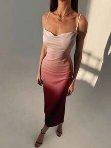 Women's Elegant Ombre Waist Cinched Midi Slip Dress, Summer