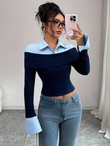 Elenzga Women's Autumn/Winter 2 In 1 Design Fashionable Patchwork Casual Blue Long Sleeve T-Shirt - Blue - View 3