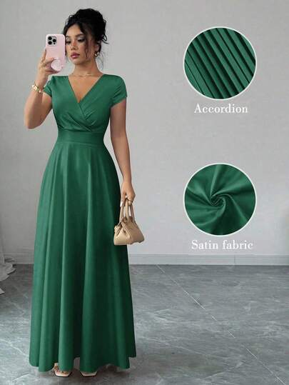 Elenzga Vestido elegante y romántico de mujer con cuello en V y cintura ceñida, de manga corta