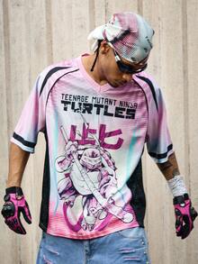 ROMWE MEN TEENAGE MUTANT NINJA TURTLES X ROMWE Men's Summer Cartoon And Slogan Graphic Ombre Colorblock Raglan Short Sleeve T-Shirt