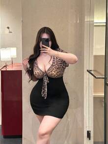 Vibekara 大码女式豹纹性感紧身连衣裙 - 黑色 - 查看 7