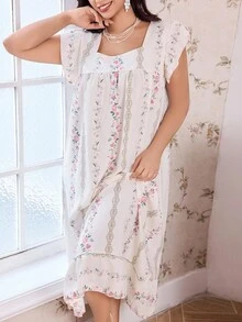 CottageSlumber 花卉印花拼布荷叶边方领加大码女式睡袍 - 彩色 - 查看 6