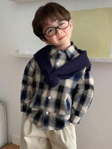 DAZY 幼儿男童宽松休闲格子长袖衬衫，自然风格，秋季 - 藍色 - 查看 5