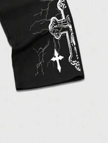 ROMWE MEN Street Life Pantalones deportivos rectos y sueltos cómodos para hombre con estampado de cruz y rayo, para otoño/invierno - Negro - Ver 3