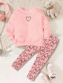 SHEIN 2pcs Heart Pattern Young Girl Casual Loose Sweatshirt & Leggings Set, Suitable For Autumn & Winter