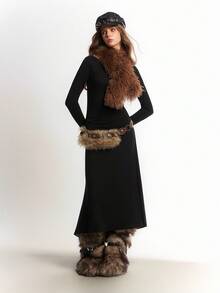 Bloopia 波西米亚风优雅休闲百搭高端女士纯色修身长袖露肩长裙，适合秋冬和万圣节 - 黑色 - 查看 4