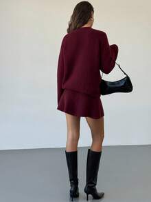 Aloruh Soft Ribbed Knit Two Pieces Set, Mock Neck Long Sleeve Sweater & Mini Skirt Casual Spring Outfits For Women - Burgundy - View 3