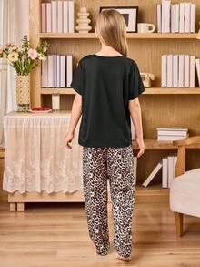 SHEIN 时尚豹纹蝴蝶结装饰休闲睡衣套装，适合少女 - 彩色 - 查看 2