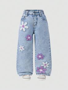 Young Girl Y2k Vintage Deep Blue Washed 3d Purple Snow Flower Jeans With Fringe Hem, School, Campus, College Summer Holiday Girls' Bell-Bottom Jeans, Fashionable Children's Pants, Vintage Washed Slim Fit Denim Trousers For Girls, All Season Flare Leg Jeans Outfit Ripped JeansYoung Girl Fashion Snow Flower Washed Floral Embroidered Wide Leg Jeans Flower Jeans Daisy Jeans Embroidered Jeans Kawaii Jeans Fall Winter 90s Kids Outfit Purple Outfits For Girls