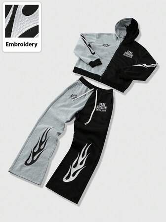 Street Life بدلة رياضية مقنعة للرجال، طراز شارع كاجوال أمريكي مع رقعة لهب مطرزة، مجموعة هودي ملونة، خريف/شتاء