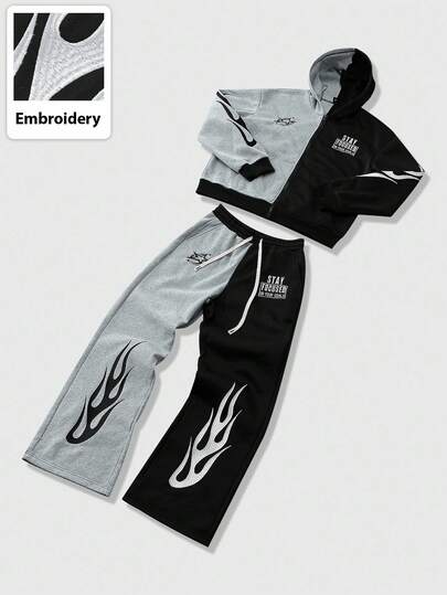 Street Life Men's Hooded Sweatsuit, Casual Street Style American Flame Patch Embroidery Colorblock Hoodie Set, Autumn/Winter