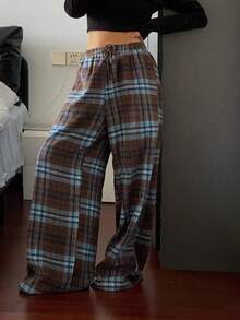 Livesso Women's Plaid Casual Wide Leg Drawstring Loose Pants, Autumn - Brown - View 6