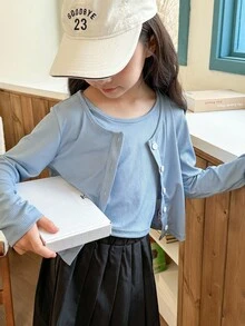 SHEIN 2pcs/Set Tween Girl Ribbed Cardigan And Tank Top Set,  Two Piece Autumn Outfit Fall Winter - Blue - View 1