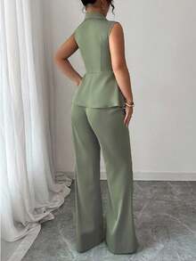 Elenzga Plus Size Sleeveless Blazer Collar Waist Cinched Elegant Romantic Women Suit Set Winter Fall Autumn