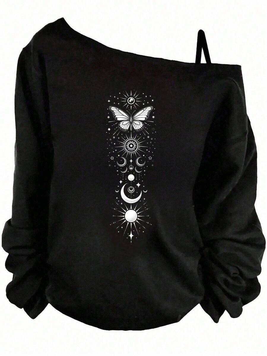 SHEIN Essnce 休闲简约蝴蝶、星星、月亮印花落肩长袖T恤女款，适合秋冬季 - 黑色 - 查看 1