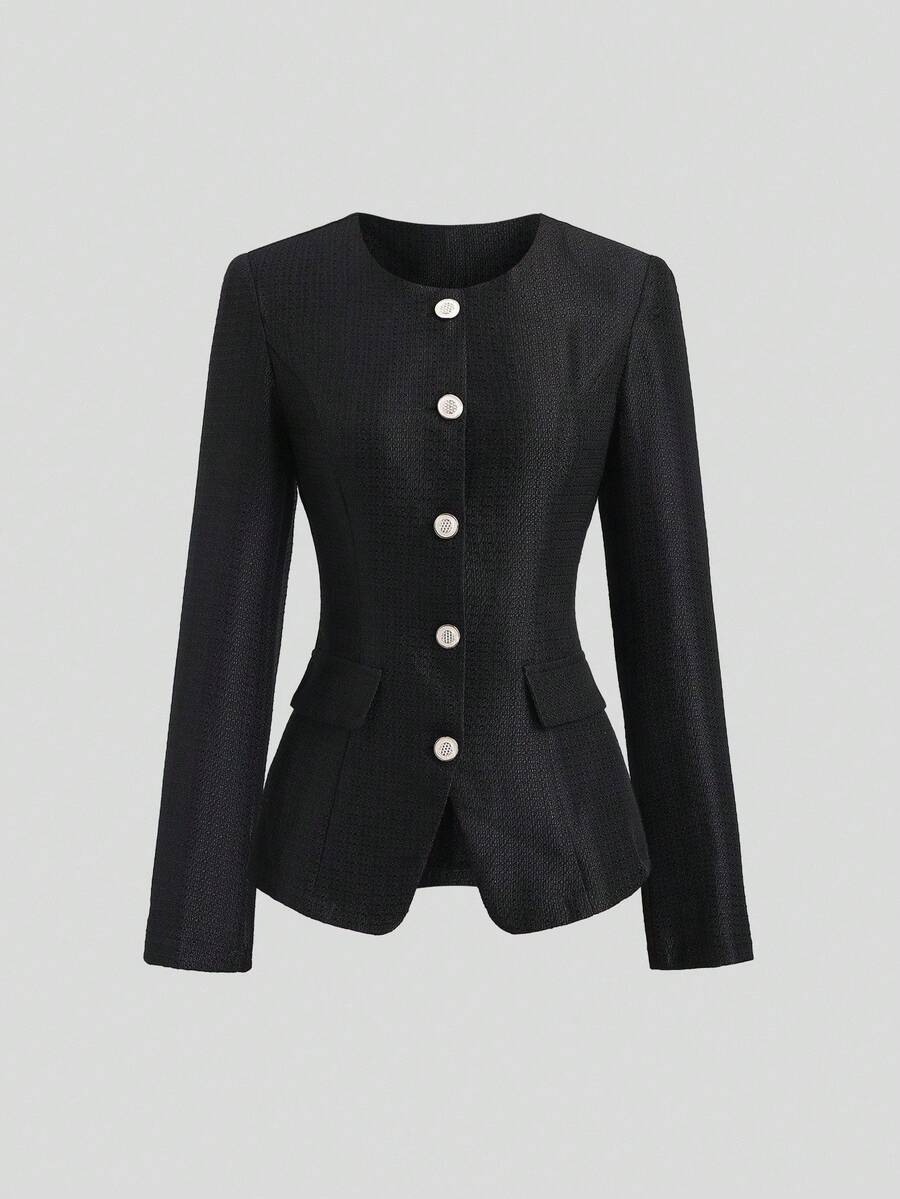 SHEIN Unity Casual Niche Design Mid-Length Loose Waist Cinched Atmosphere Sense Slimming Jacket, Autumn - Black and White - View 1