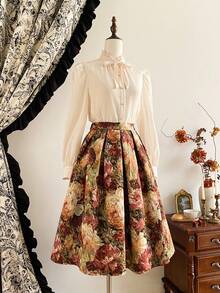 Vintamour Jupe texturée jacquard à motif floral, élégante et vintage. Idéale pour les fêtes, les festivals, l'automne, Noël et les mariages