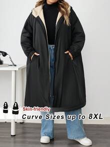 SHEIN CURVE+ Women's Plus Size Casual Loose Hooded Fleece Jacket, Autumn/Winter - Black - View 8