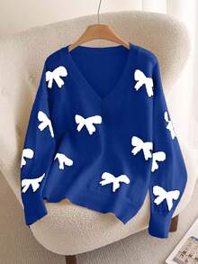 SHEIN Cottnline Plus Size Bow Jacquard Pattern V-Neck Long Sleeve Casual Knit Sweater - Royal Blue - View 7