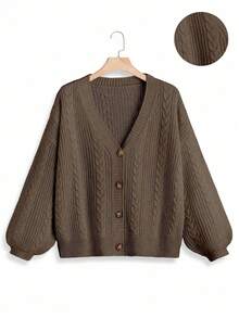SHEIN LUNE 大码女式纯色 V 领单排扣长袖休闲通勤百搭开衫，酒红色，秋冬 - 咖啡棕 - 查看 1