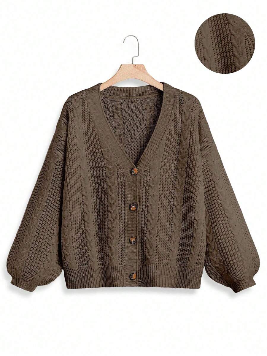 SHEIN LUNE 大码女式纯色 V 领单排扣长袖休闲通勤百搭开衫，酒红色，秋冬 - 咖啡棕 - 查看 1