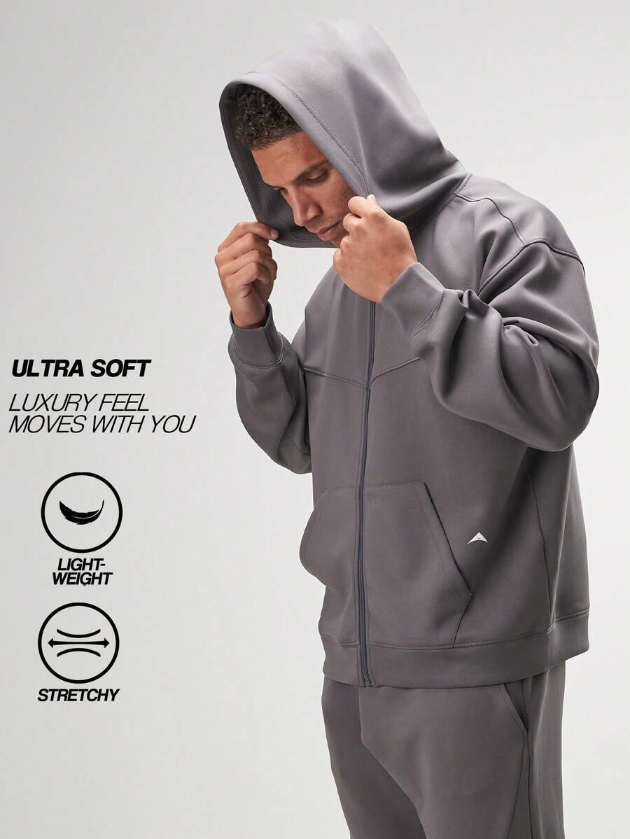 Arc Men's Casual Oversized Fit Drop Shoulder Zip Up Hoodies Loose Sweatshirt, Autumn/Winter, Long Sleeve Top - Grey - View 1