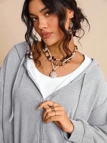 SHEIN LUNE Plus Size Drop Shoulder Drawstring Sweatshirt For Spring & Fall, Travel Airport Winter Jacket Winter Fall Grey Top, Chic Zip Up Sweatshirt, Country Look Going Out Tops Going Out Winter - Grey - View 4