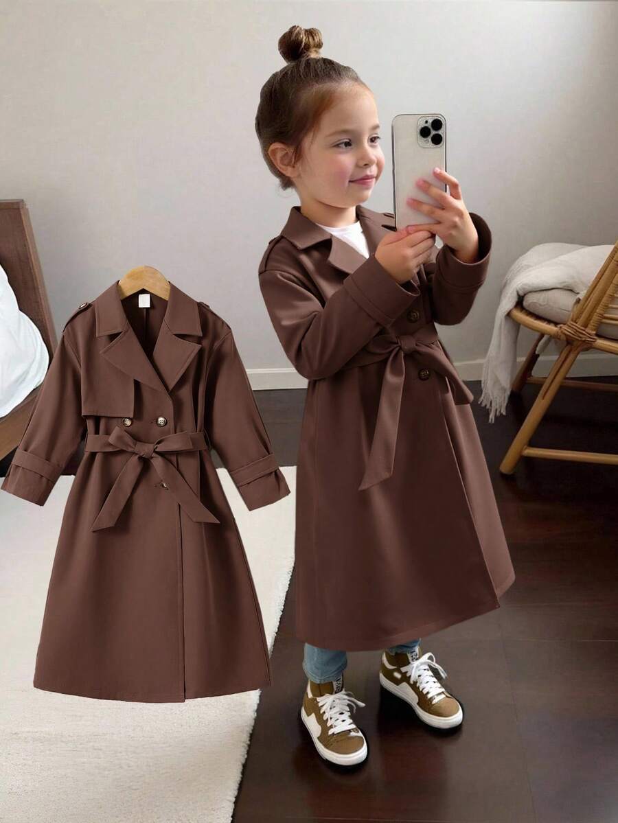 SHEIN Young Girl Woven Double-Breasted Lapel Loose Long Frenchy Windbreaker, Parka Jacket, Trench Coat,Casual Military Style, Suitable For Commuting And Outdoor Wear,Suitable For Commuting And Outdoor Wear,Spring/Summer/Autumn/Winter,Y2k Outfits For Girls Girls Metallic Jacket Girls Y2k Outfits Y2k Jacket Silver Jacket Kids Baddie Outfits Young Girl Outfits,For Halloween.Back To School Seasom.,Mommy & Sister & Me Matching. Fall - Brown - View 1