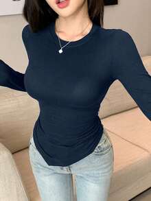 DAZY Asymmetrical Design Fitted Long Sleeve Women T-Shirt,Fall Clothes - Navy Blue - View 6