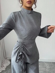 SHEIN Elenzya 2 件套优雅休闲立领灯笼袖收腰上衣和阔腿裤，适合教师，春秋季 - 灰色 - 查看 3