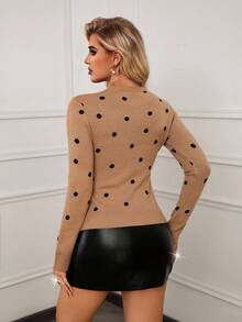 Xyvia Women's Elegant Party Colorblock Polka Dot Jacquard Fitted Turtleneck Sweater, Autumn/Winter - Khaki - View 2